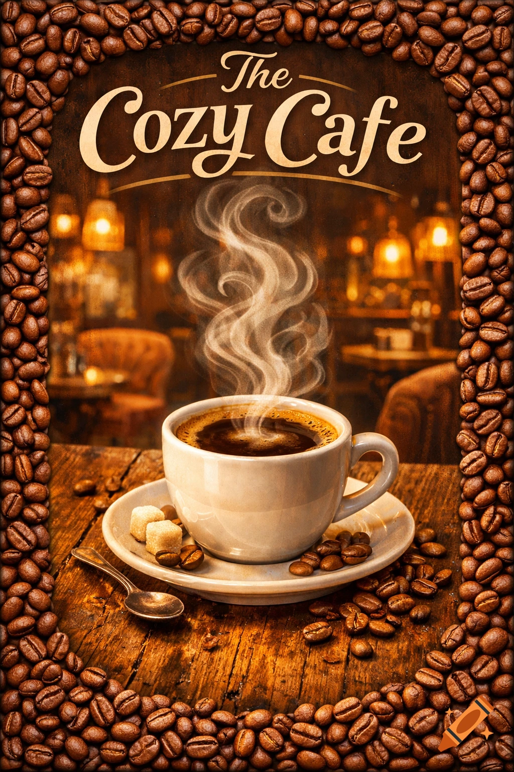 A photorealistic poster for 'The Cozy Cafe' showing a steaming cup of coffee on a wooden table, framed by coffee beans.