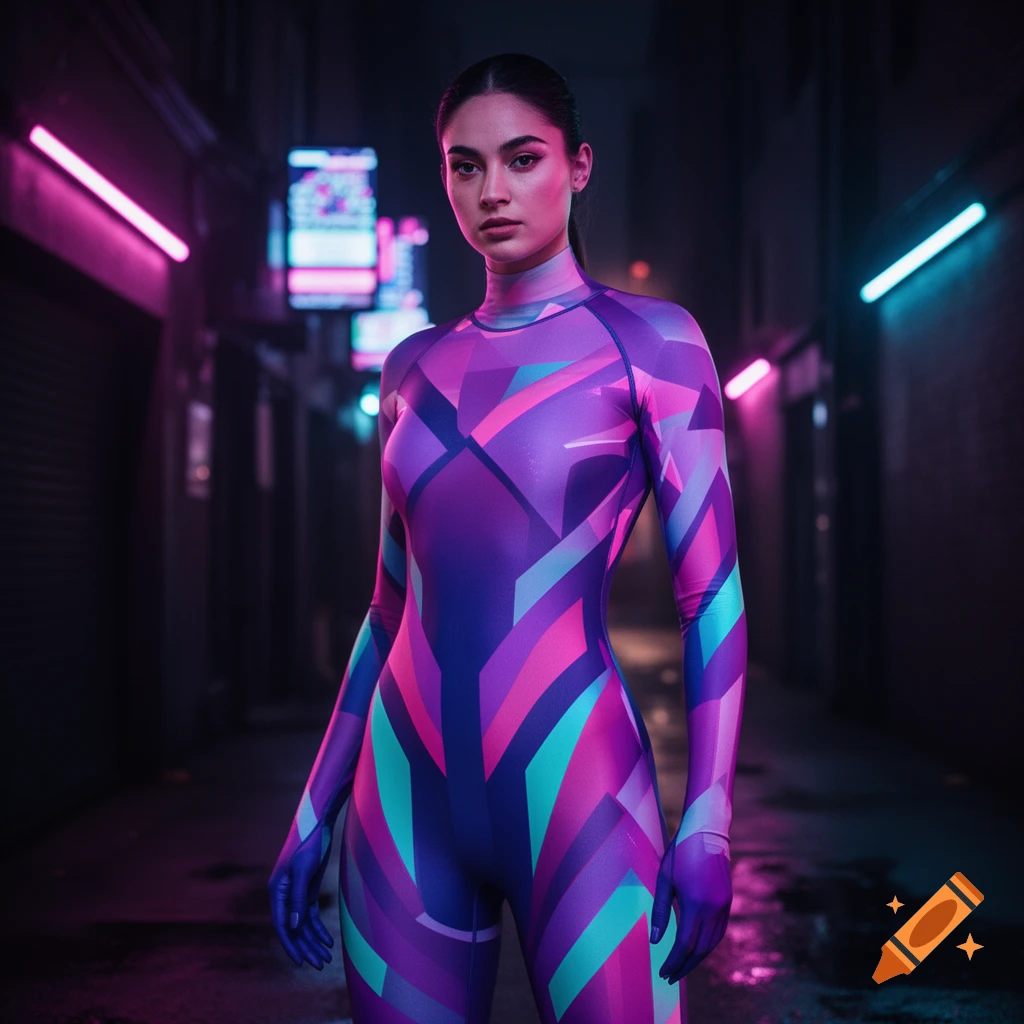 A woman in a vibrant, geometric purple, pink, and blue vaporwave bodysuit stands in a neon-lit alley.