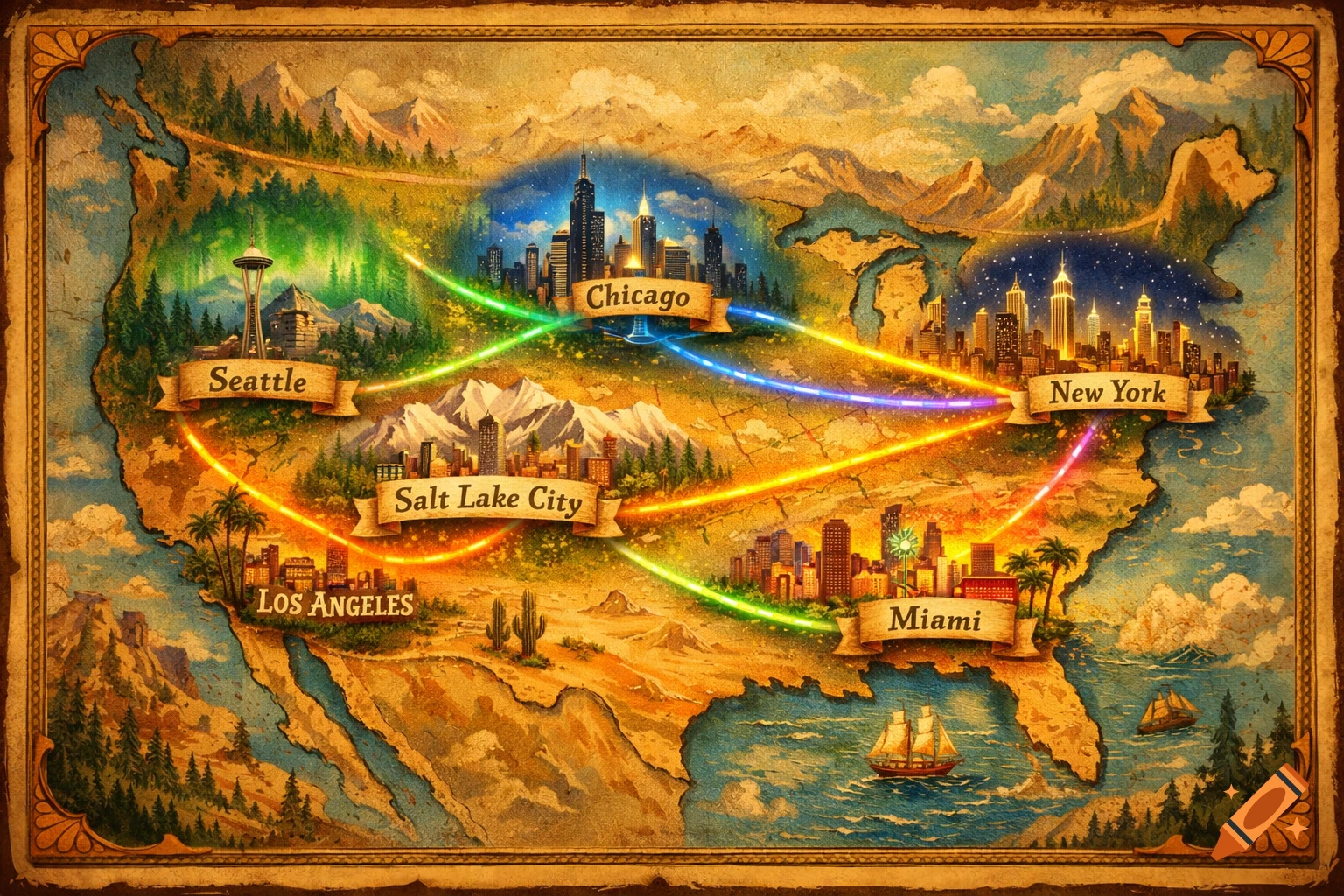 A fantasy illustrated vintage map of the United States with glowing travel routes connecting Seattle, Chicago, New York, Salt Lake City, Los Angeles, and Miami, in a hand-painted storybook style.