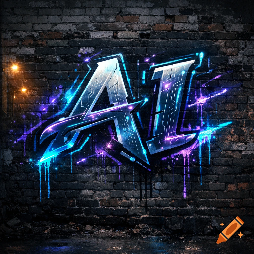 Graffiti letters 'AI' on a dark brick wall, glowing with blue and purple neon lights in a futuristic style.