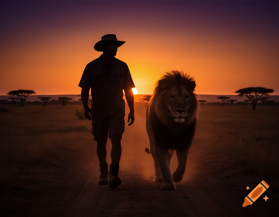 Silhouetted man and lion walk side-by-side on a dirt path in a savanna landscape at sunset.