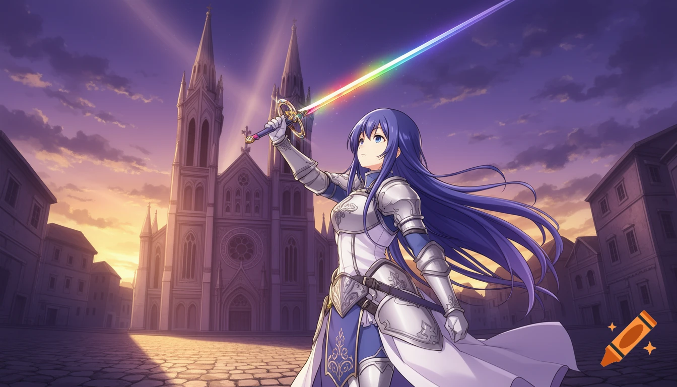 An anime-style female knight with long blue hair and armor raises a rainbow-colored sword in front of a grand church at sunset.