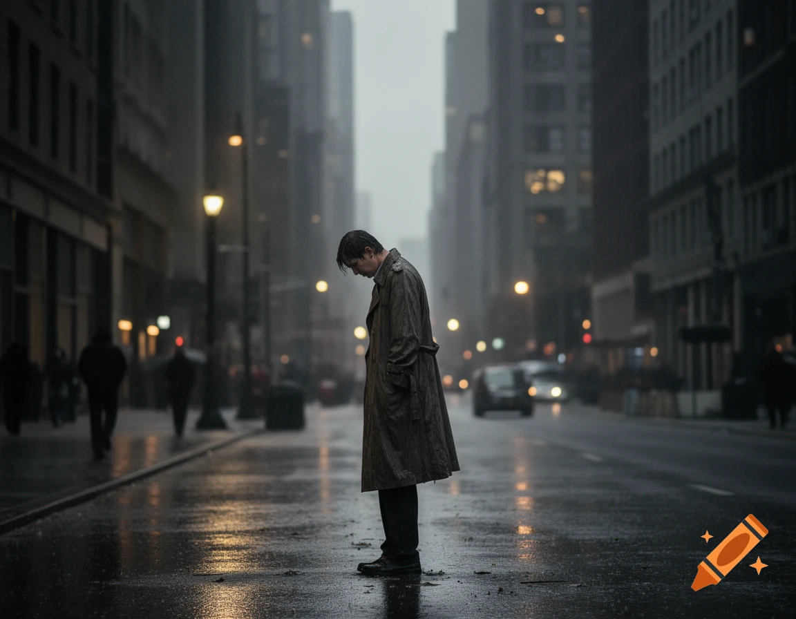 A man in a trench coat stands alone on a wet city street in the rain, head bowed, in a photorealistic style.