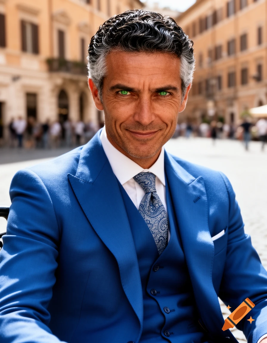 A photorealistic portrait of a man with wavy black and grey hair, striking green eyes, and a wry smile, wearing a blue three-piece suit.