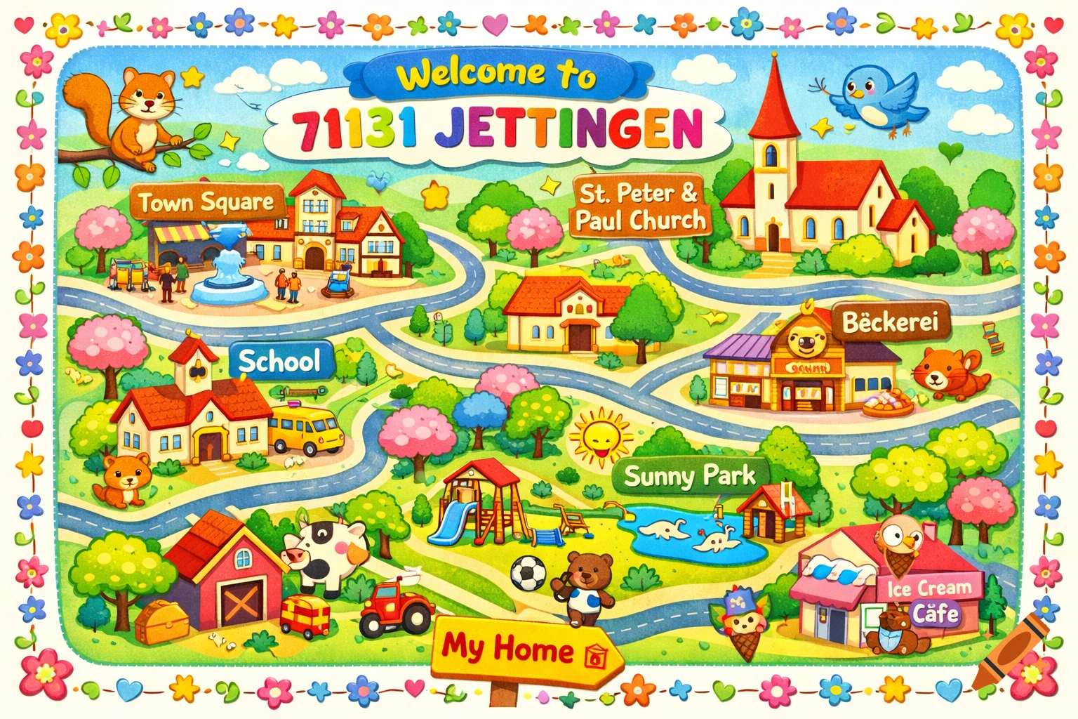 A colorful, whimsical children's map of Jettingen, featuring buildings, roads, parks, and cartoon animals like squirrels, bears, and cows.