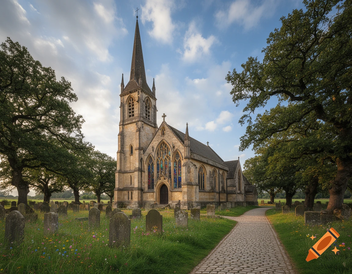 An old stone church with a tall spire stands in a green graveyard among tombstones and trees, under a blue sky.