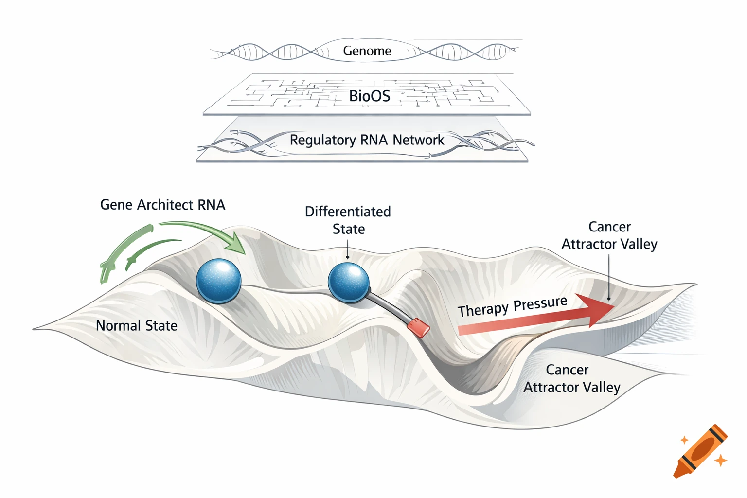 Scientific diagram depicting an epigenetic landscape with cell states, regulatory layers (Genome, BioOS, RNA), therapy pressure, and Gene Architect RNA.