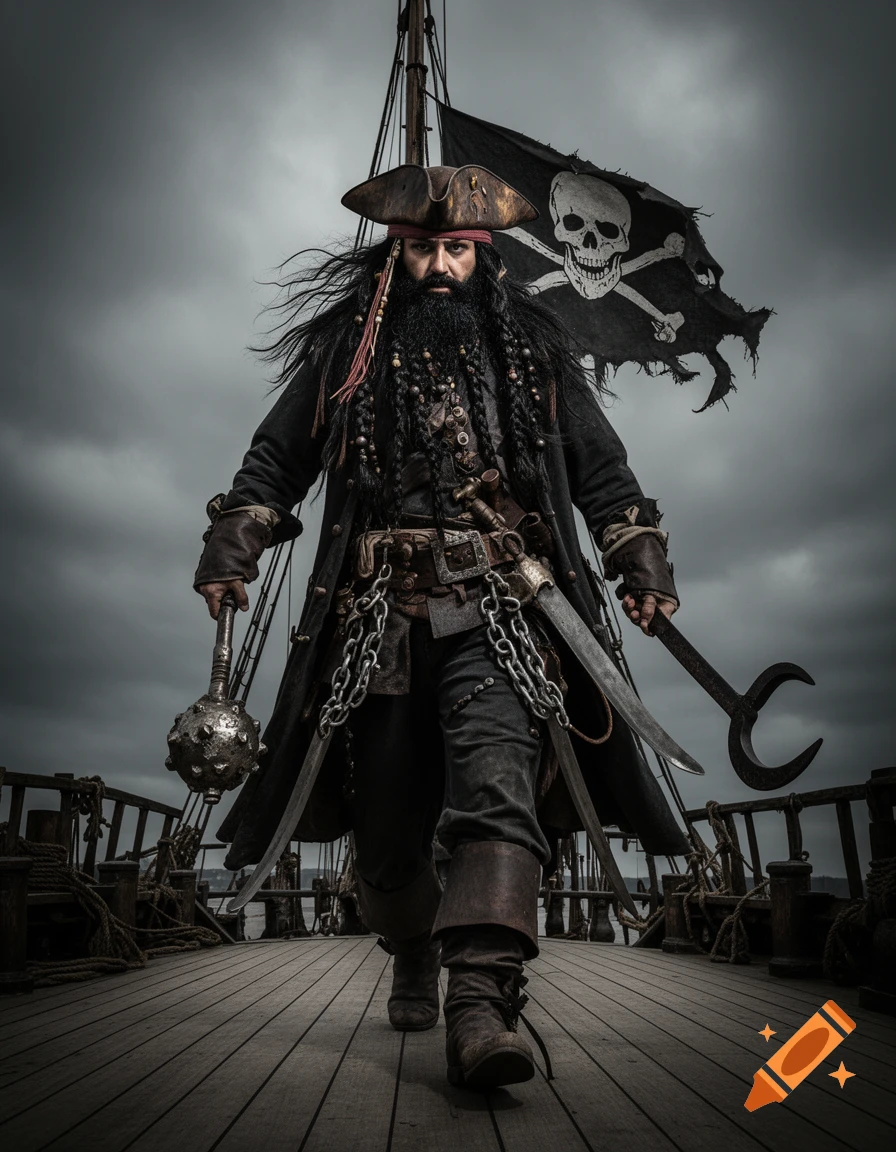 Photorealistic pirate with a massive beard, tricorn hat, holding a mace and grappling hook on a ship deck under a stormy sky with a flag.
