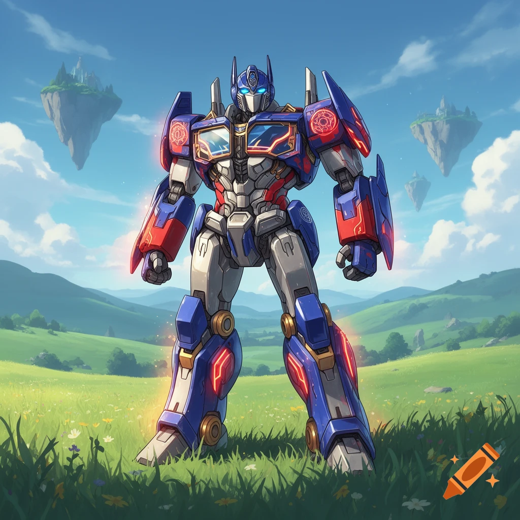 Optimus Prime stands in a vibrant green field with floating islands in the background under a blue sky, rendered in an anime-fantasy style.