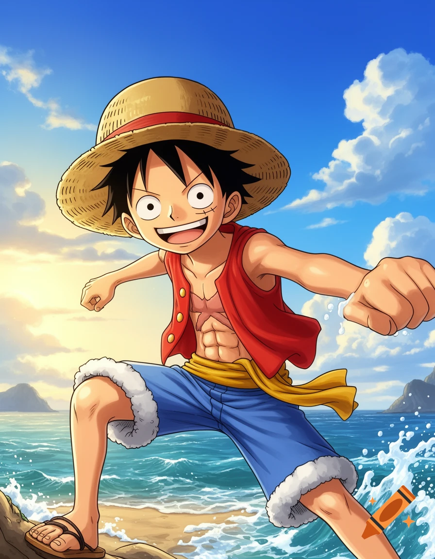 Anime illustration of Monkey D. Luffy in his red vest and straw hat, energetically posing on a sunny beach with ocean waves.
