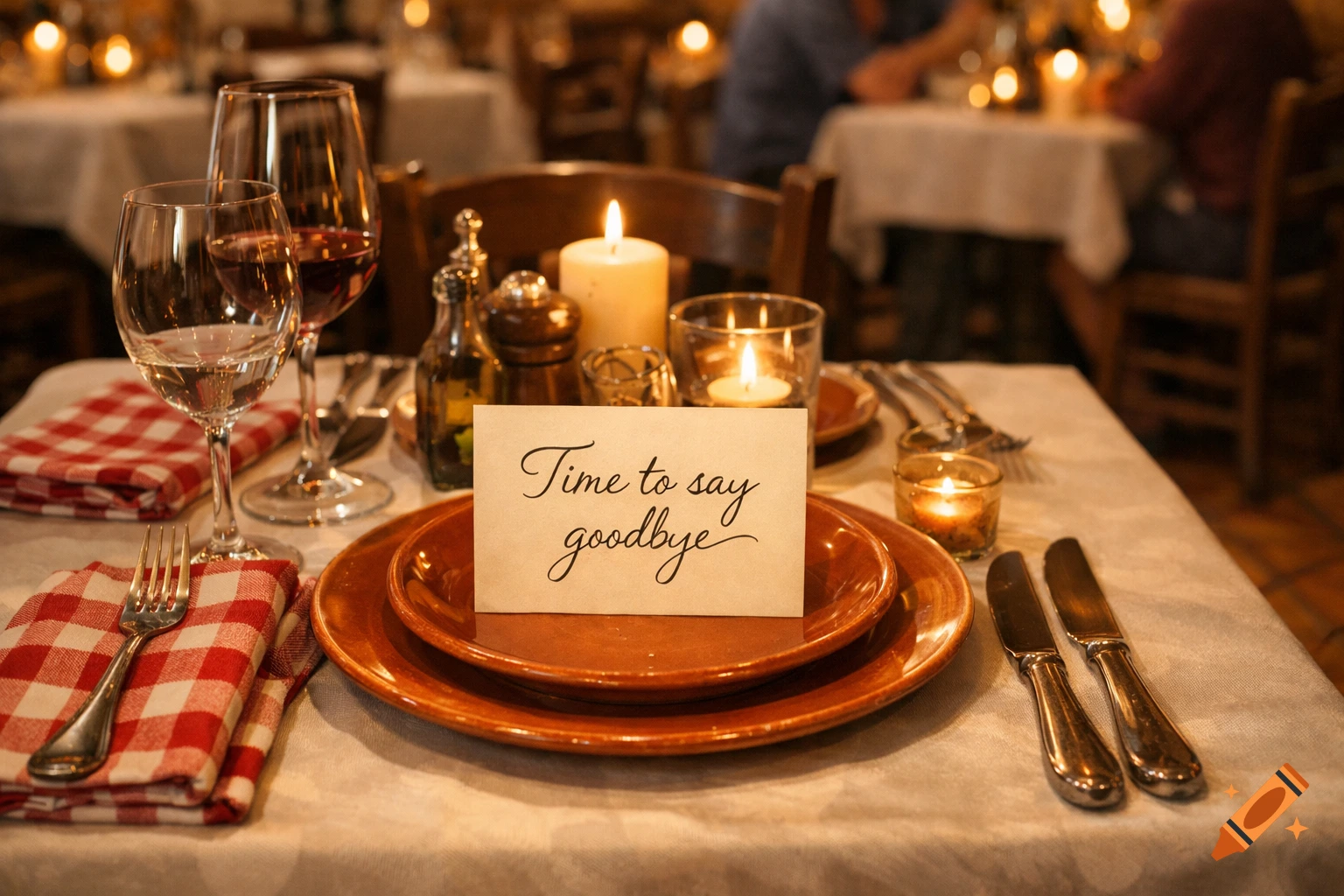 A beautifully set table with candles, wine glasses, and a note reading 'Time to say goodbye' in a cozy restaurant.