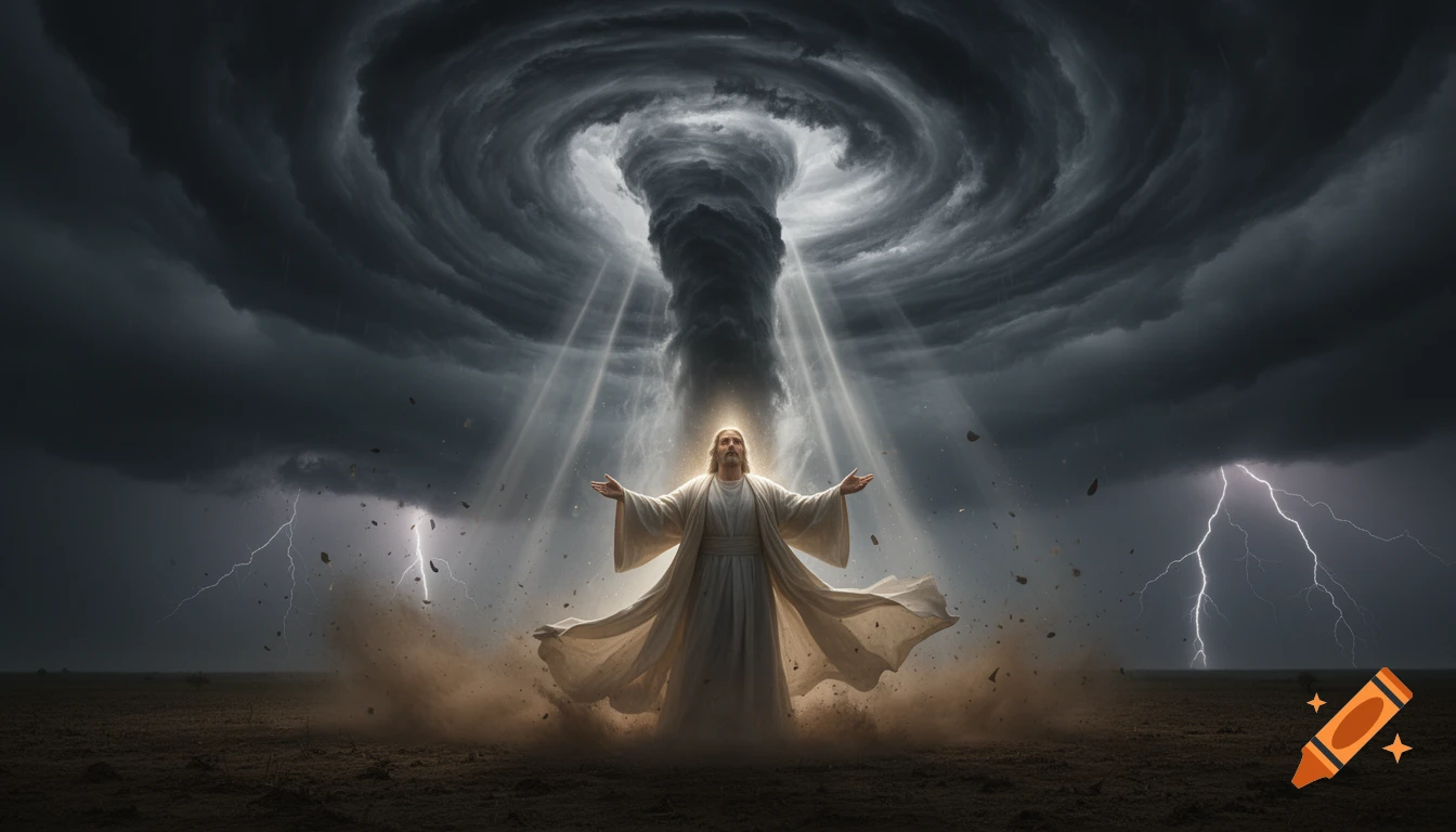 A figure resembling Jesus stands in a stormy field under a spiraling ...