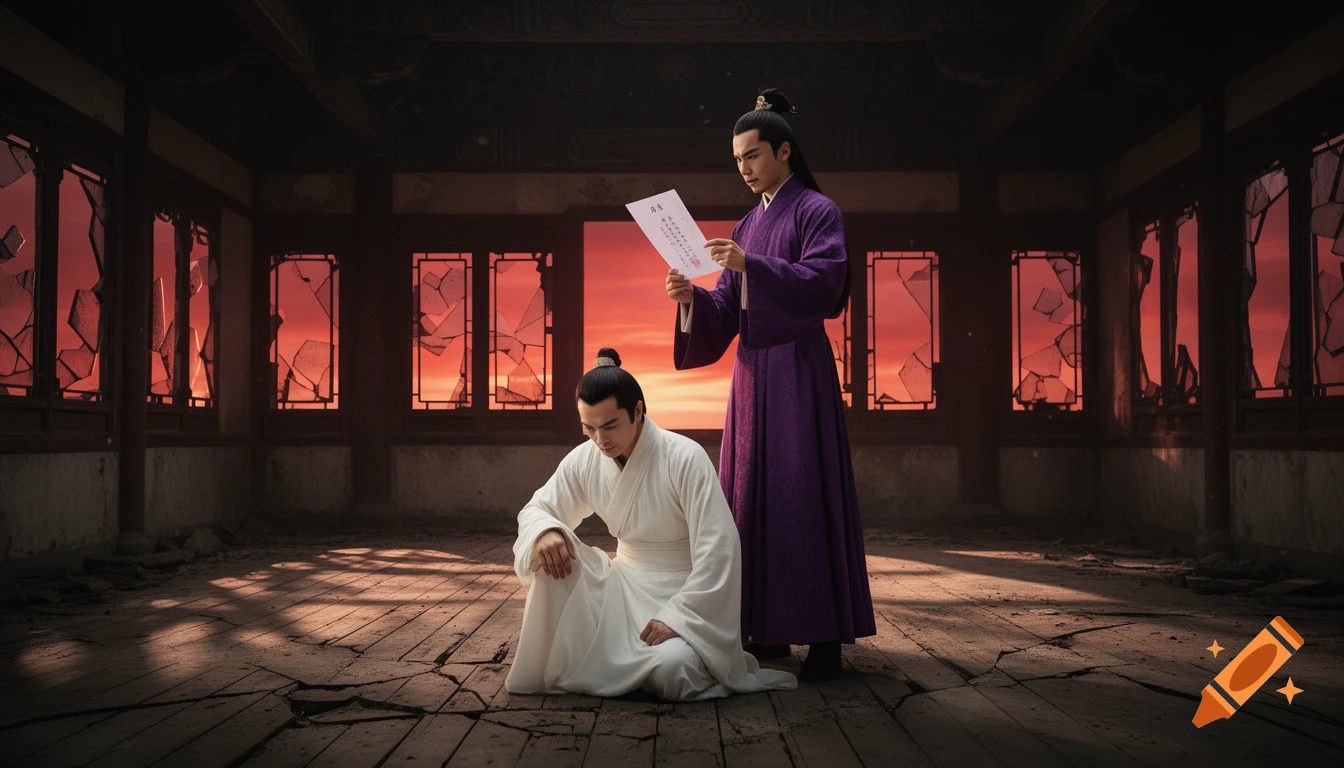 Two men in ancient Chinese robes in a dilapidated hall at sunset; one kneels, the other stands holding a paper.