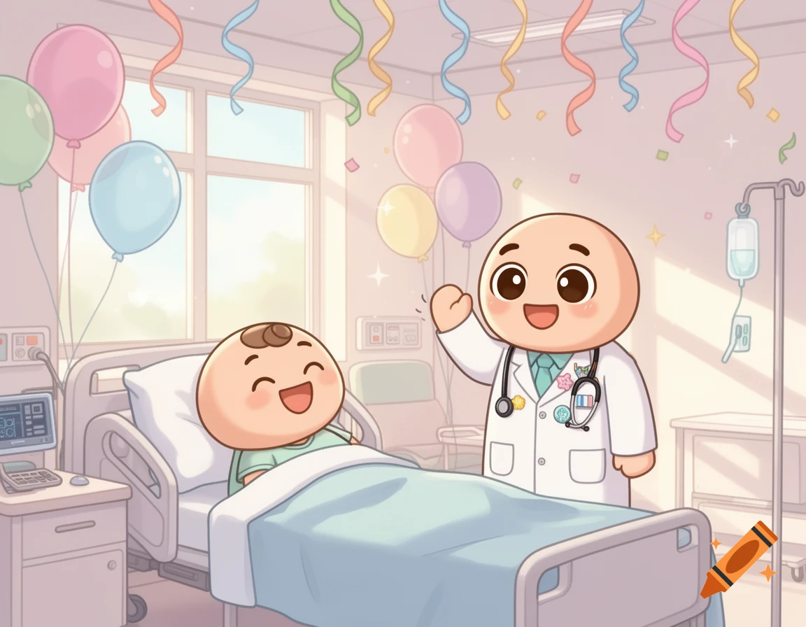 A happy cartoon doctor waves to a smiling patient lying in a hospital bed, decorated with balloons and streamers.