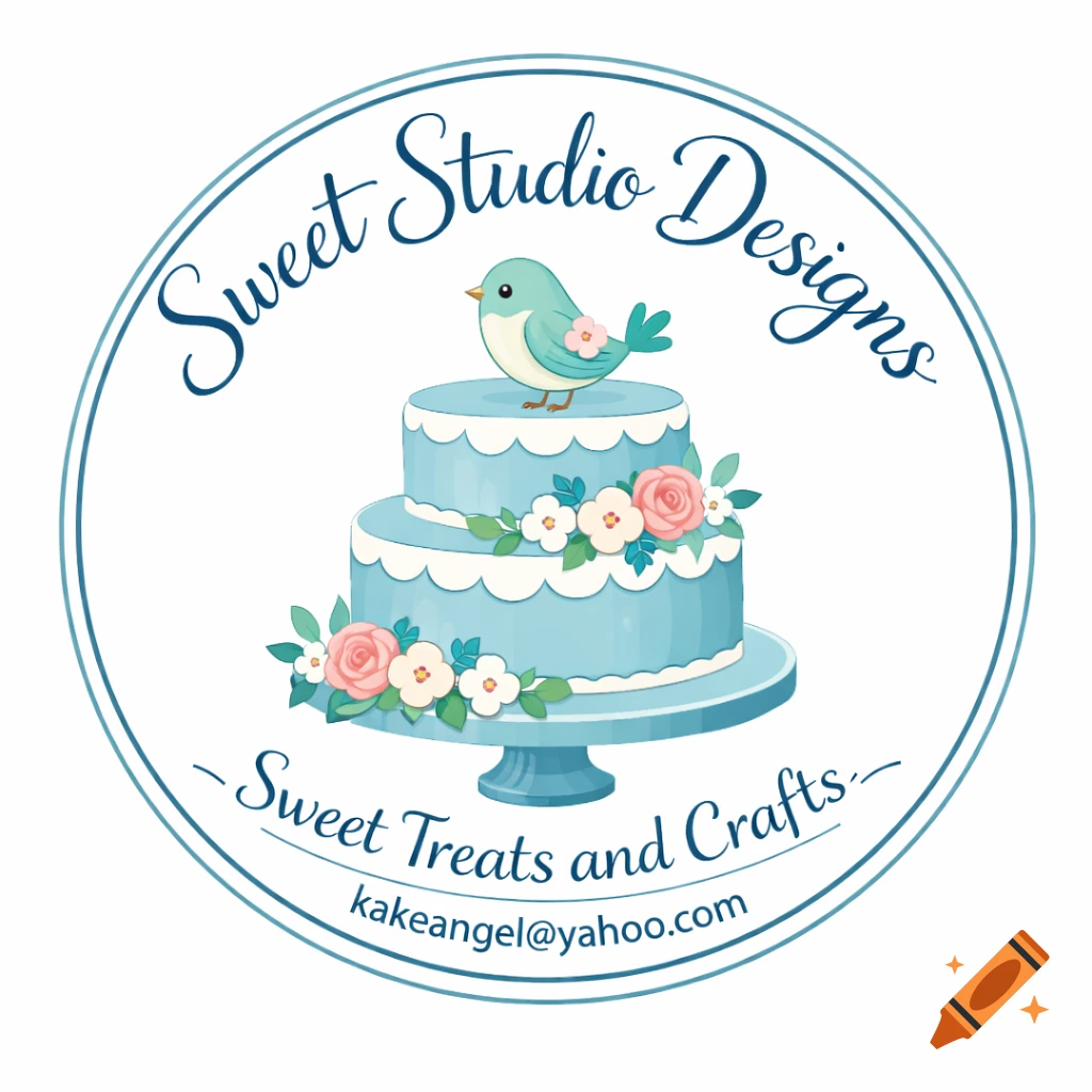 Cute circular logo with a blue tiered cake, a small bird, and pastel flowers. Text: 'Sweet Studio Designs', 'Sweet Treats and Crafts', 'kakeangel@yahoo.com'.