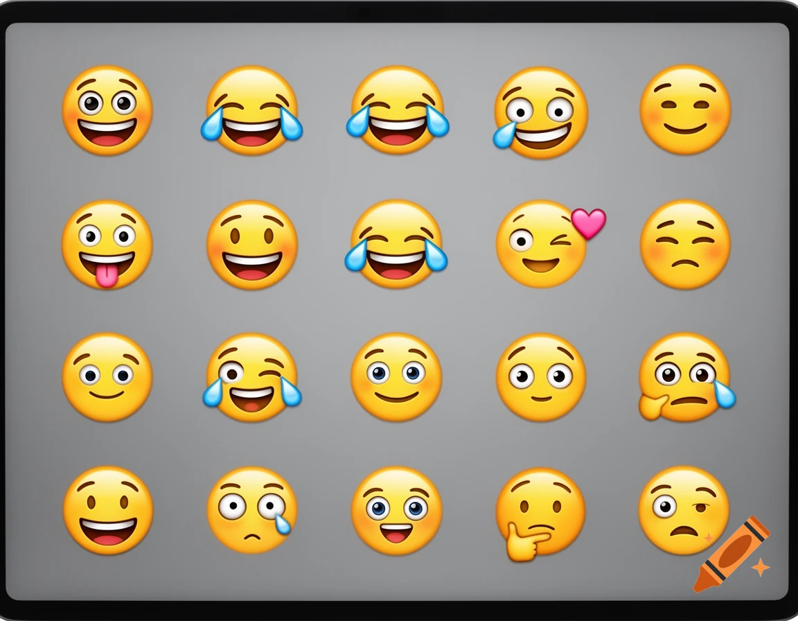 A grid of twenty different yellow emoji faces displaying various expressions on a gray digital screen.