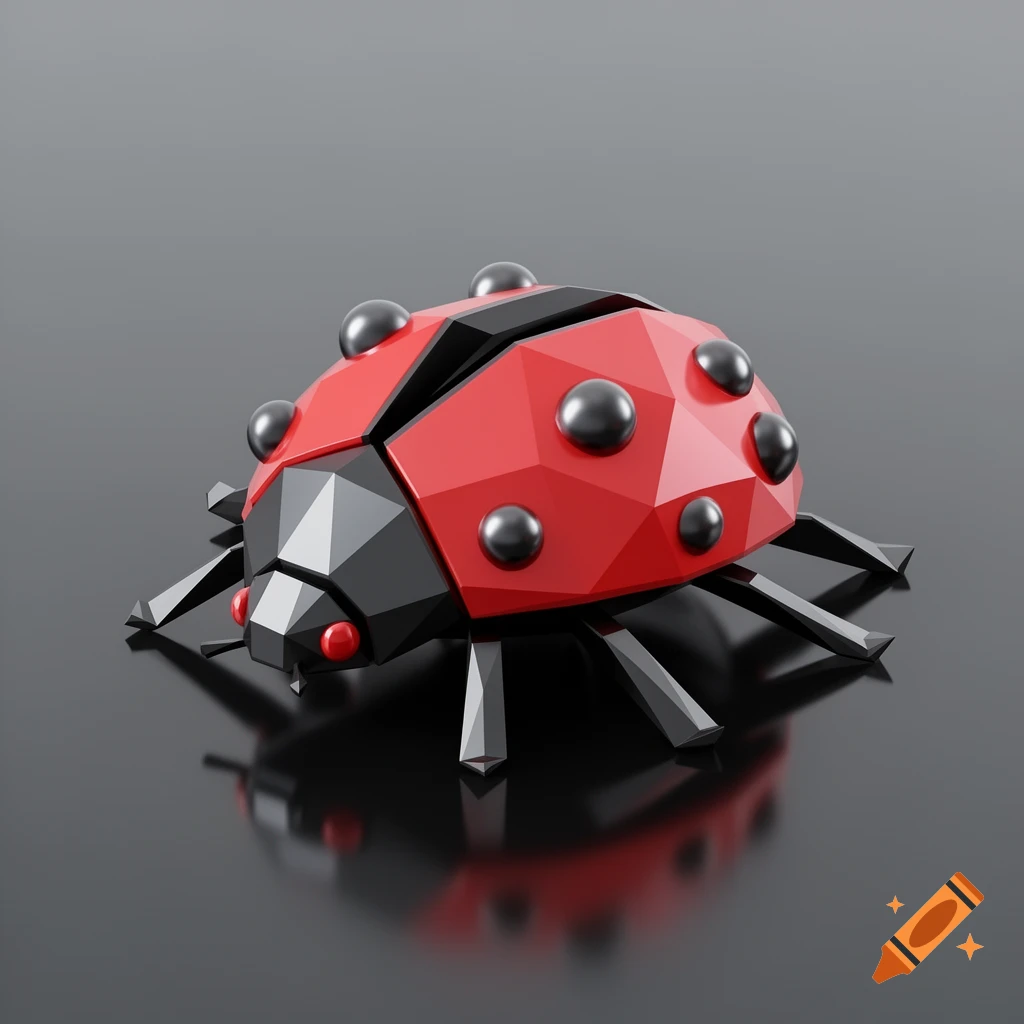 A 3D rendered low-poly ladybug with red and black geometric segments, reflecting on a dark surface.