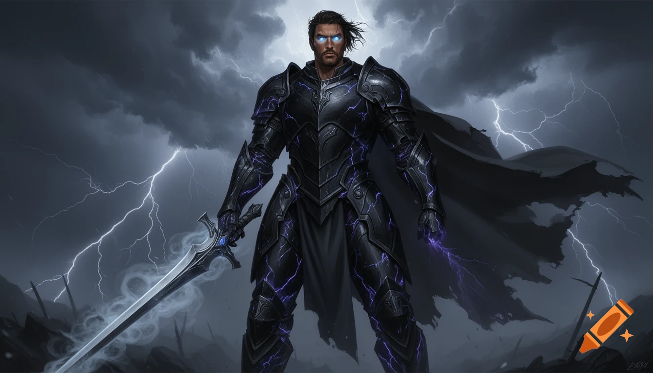 A powerful fantasy warrior in ornate black armor with glowing blue eyes holds a misty sword, with purple lightning and a stormy sky.