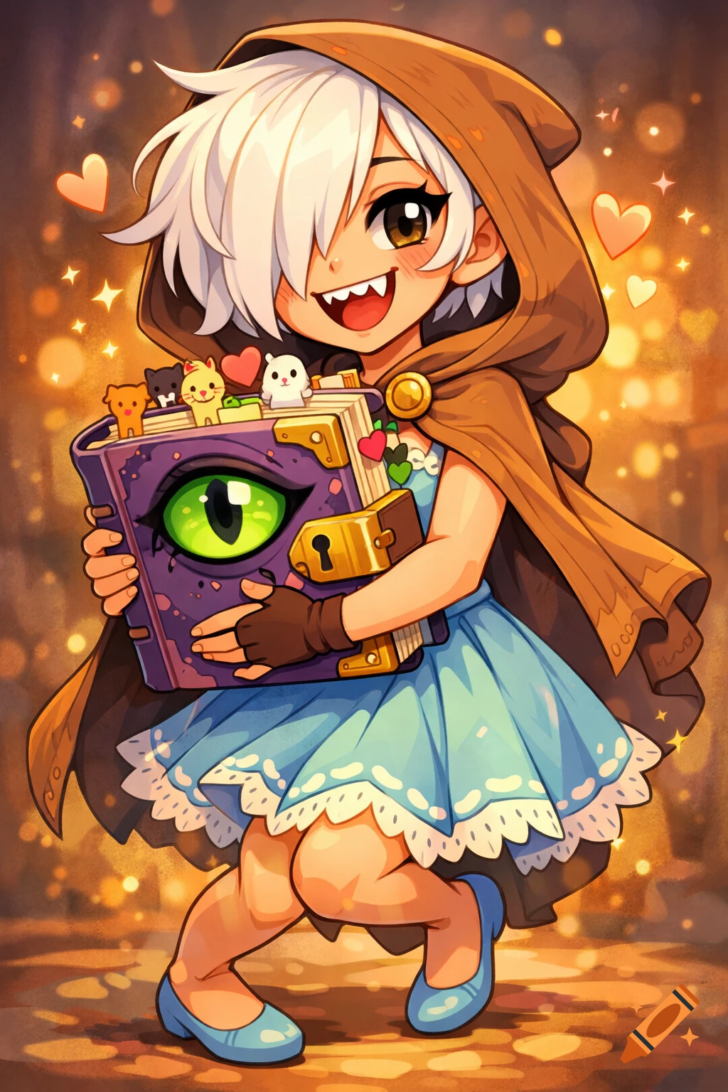 A cute anime girl in a brown hooded cloak and blue dress holds a magical purple book with a green eye, surrounded by sparkles.