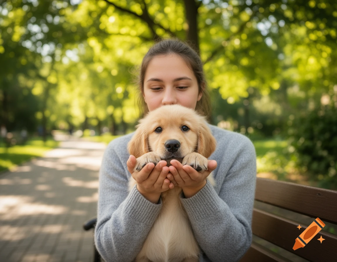 A young woman gently holds a cute golden retriever puppy, looking down at it, in a sunny park.