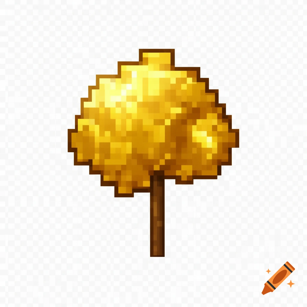 A pixel art golden tree sapling with a brown trunk, styled like an item from Minecraft, on a transparent background.
