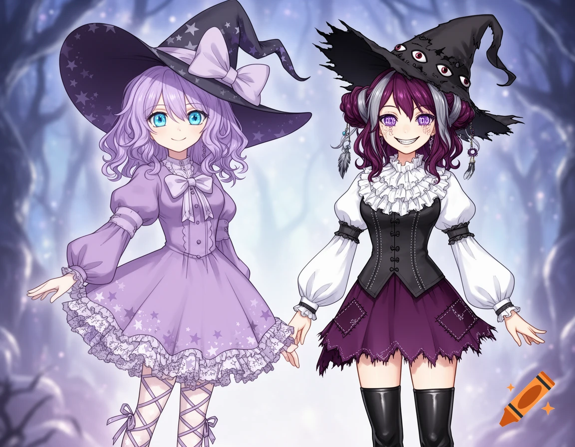 Two anime witches stand side by side: one with lavender hair in a lilac dress, the other with plum hair, a devious grin, and a multi-eyed hat.