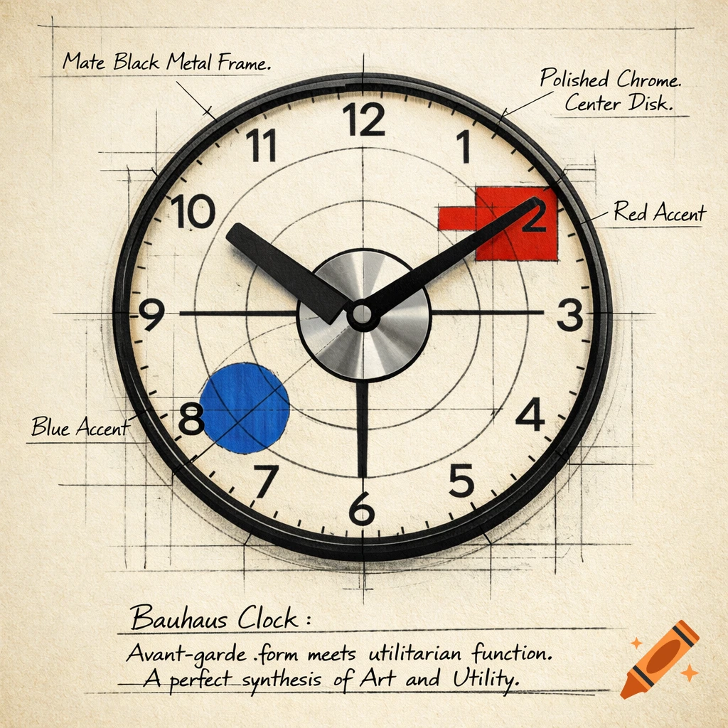 A detailed design sketch of a Bauhaus clock with annotations for materials, colors, and a description of its avant-garde form.