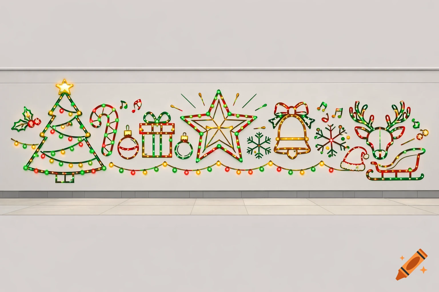 Wire frame Christmas icons like a tree, candy cane, star, bell, and reindeer, lit with colorful lights on a white wall.