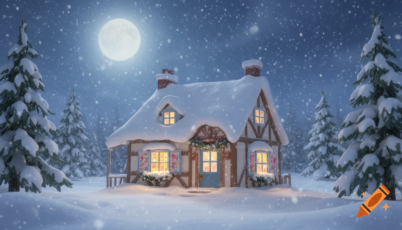 A cozy, snow-covered cottage with warm lights under a full moon in a winter wonderland scene with falling snow and pine trees.