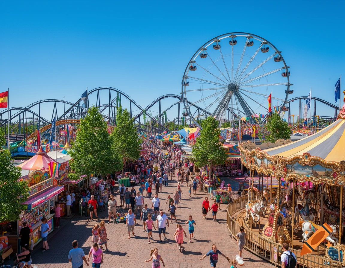 A vibrant aerial view of a bustling amusement park on a sunny day, featuring a large Ferris wheel, roller coaster, and many visitors.