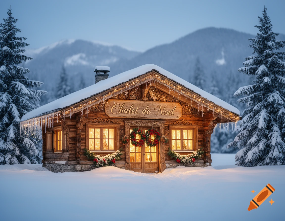 A snow-covered log cabin decorated with Christmas lights and wreaths, set in a snowy mountain landscape at dusk.