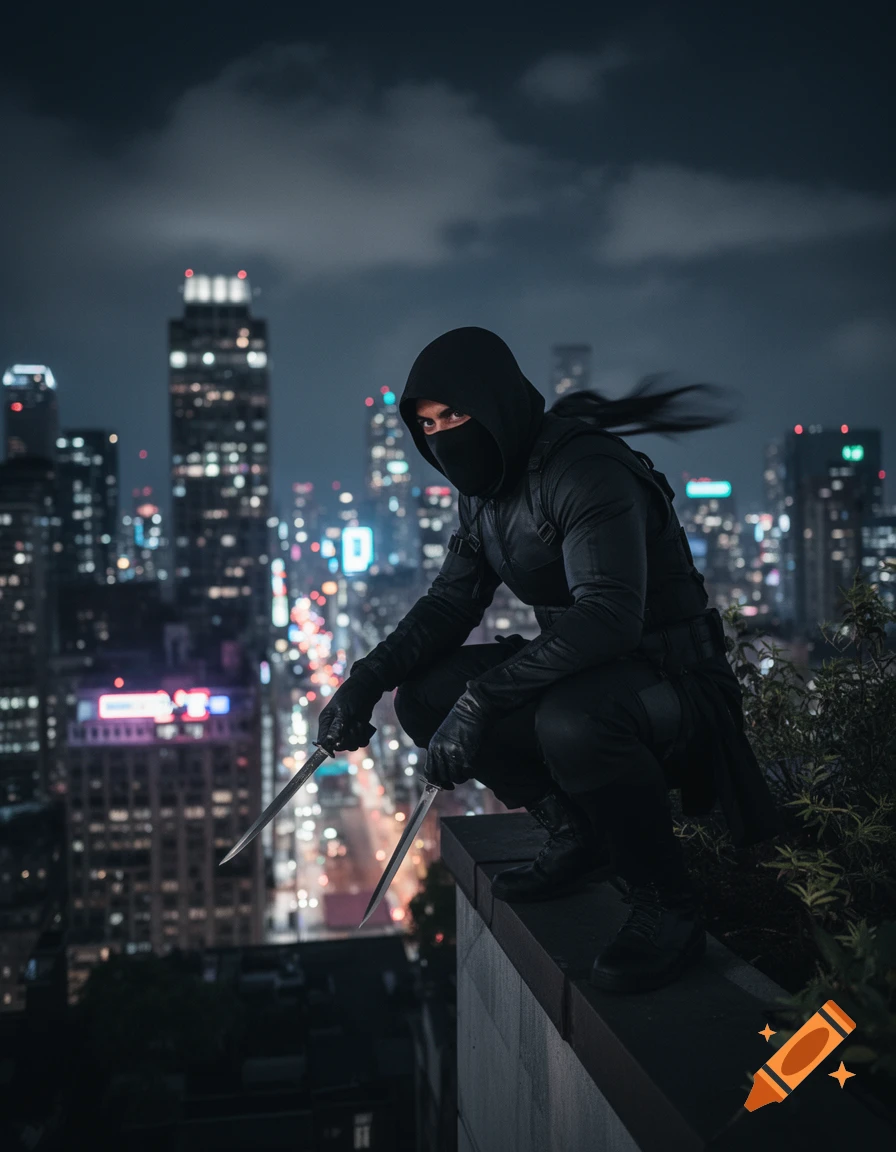 A masked ninja in a black suit crouches on a skyscraper rooftop at night, holding two knives, with a vibrant city skyline behind.