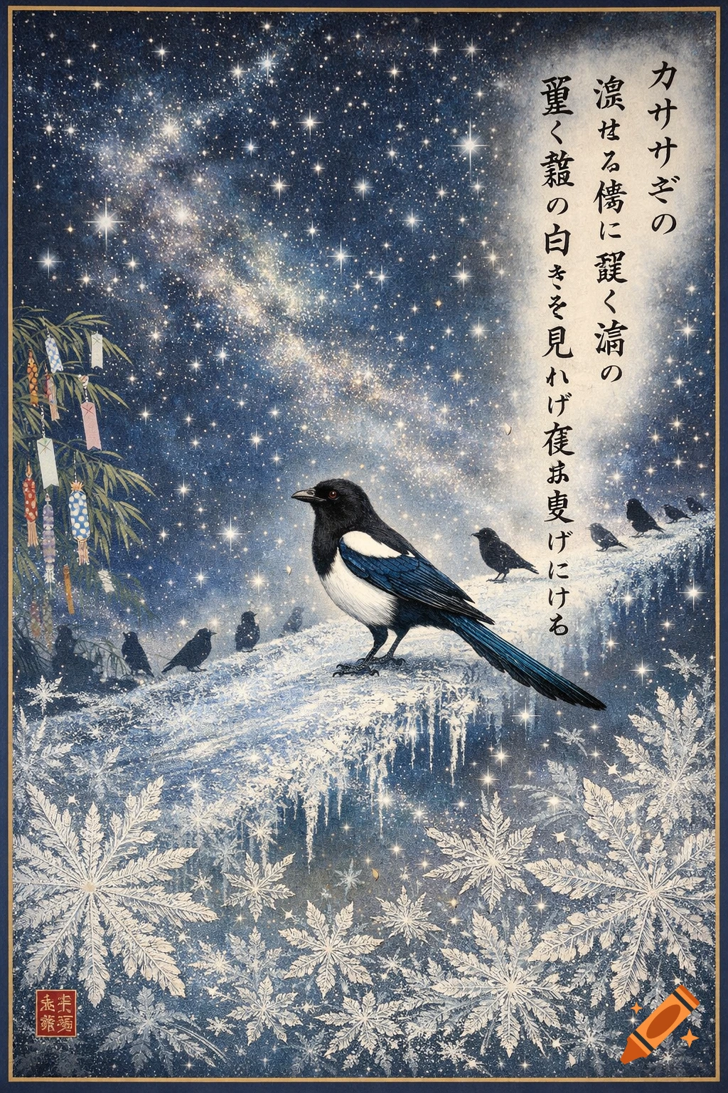 An ukiyo-e style image depicting magpies and a snowy landscape under a starry night sky with the Milky Way, with Japanese text on the right side and Tanabata decorations on bamboo to the left.