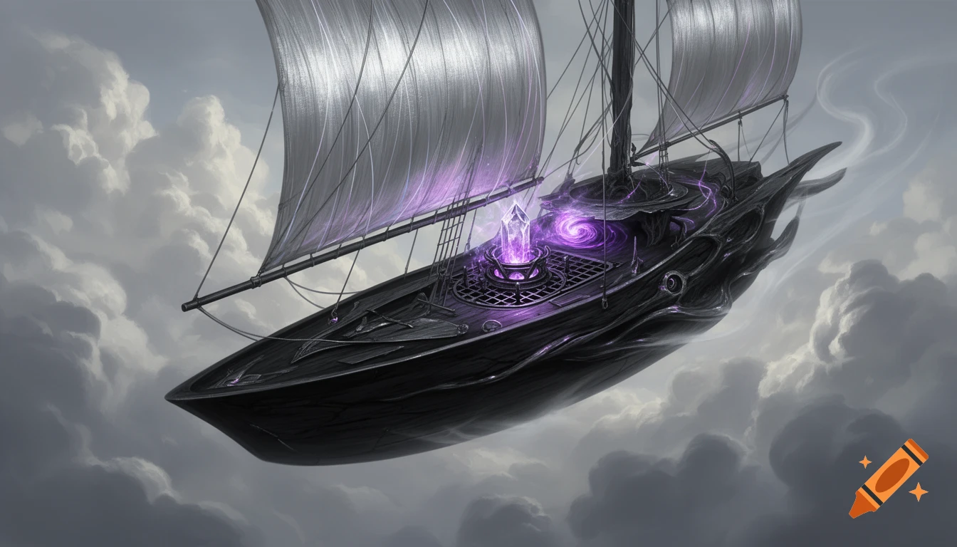 A dark, sleek fantasy airship with glowing violet elements and silver sails flies through cloudy skies, high above.