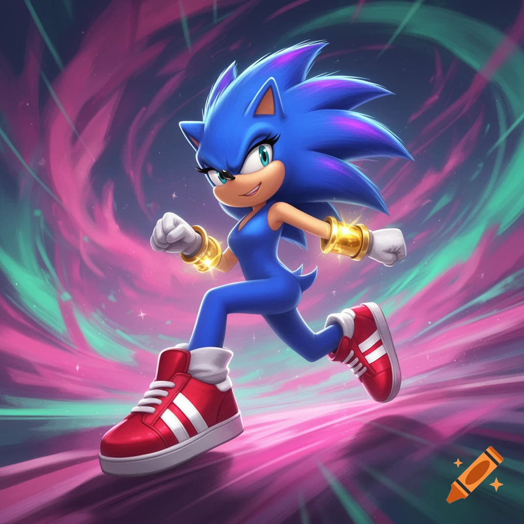 A vibrant, stylized female Sonic the Hedgehog runs with a confident pose against an energetic pink and green swirling background.