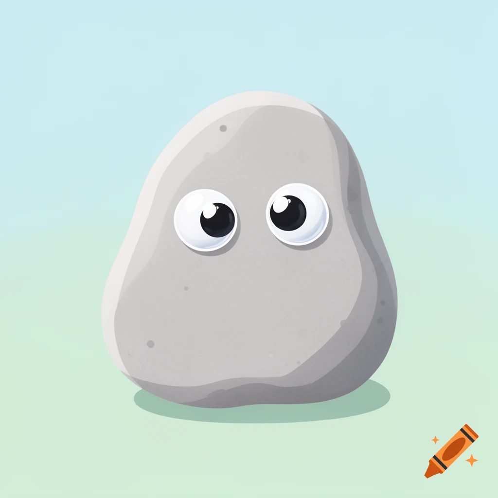 A simple cartoon illustration of a grey pet rock with large white googly eyes on a light blue and green background.