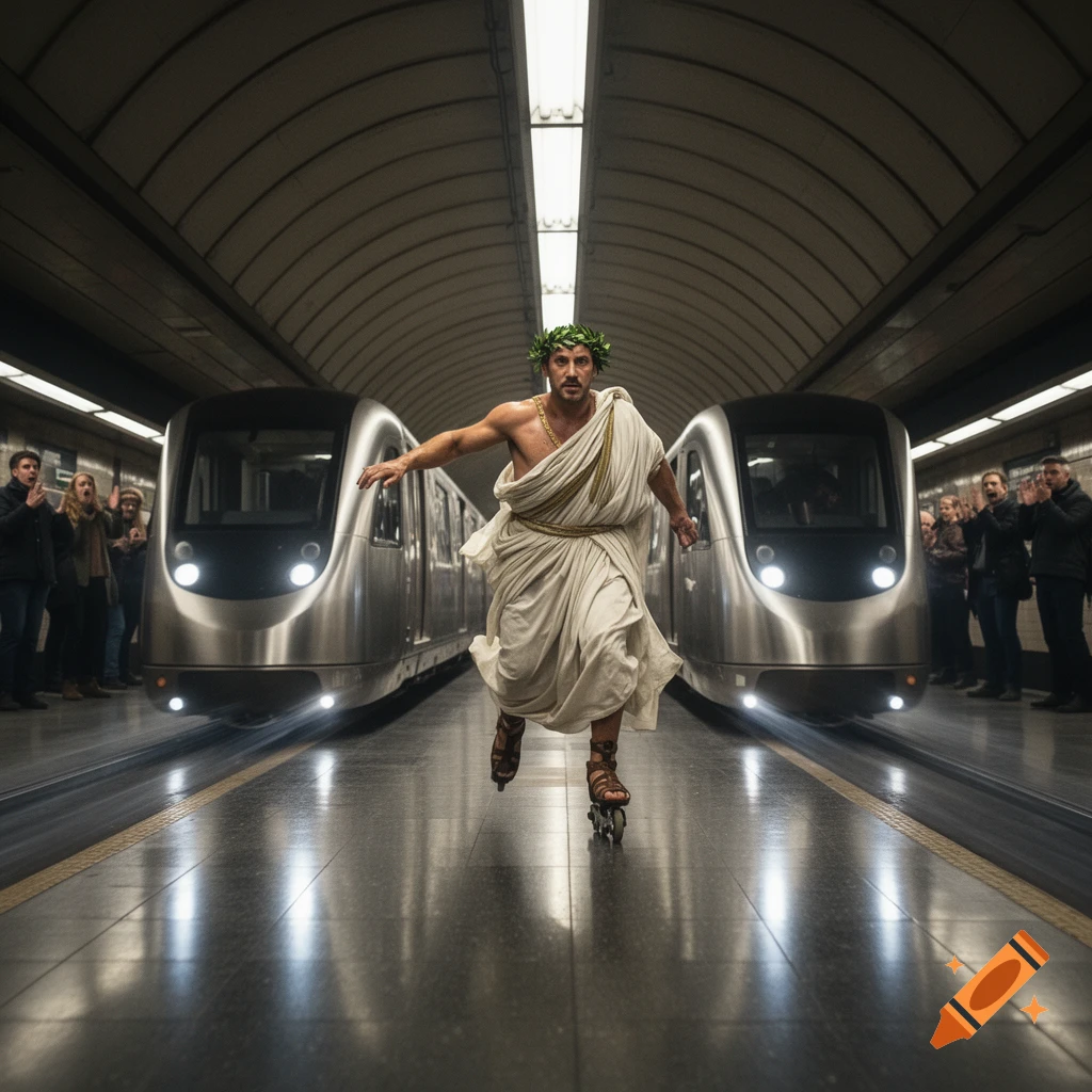 A man dressed as Caesar, complete with a toga and laurel wreath, rollerblades down a subway platform between two approaching trains, cheered on by onlookers.