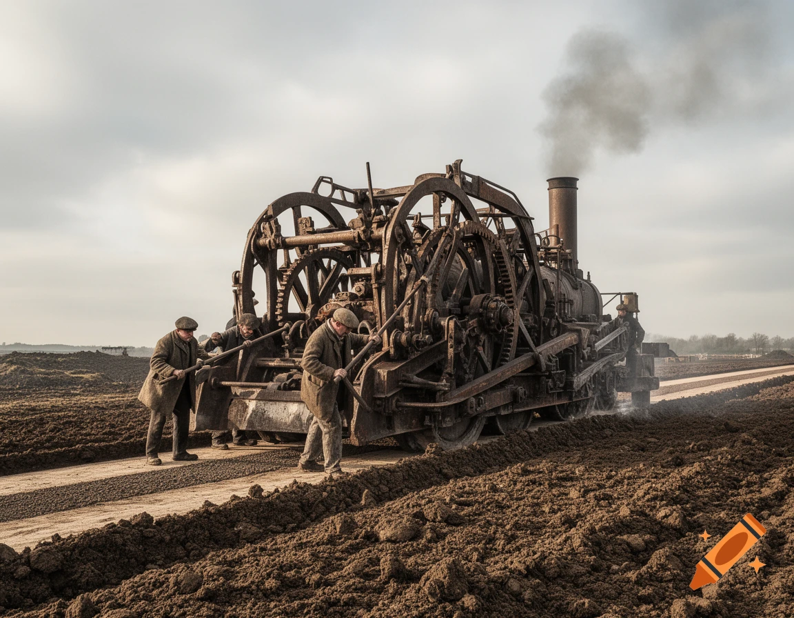 Photorealistic image of men operating a massive, rusty, steam-powered road-making machine in a muddy field under a cloudy sky.