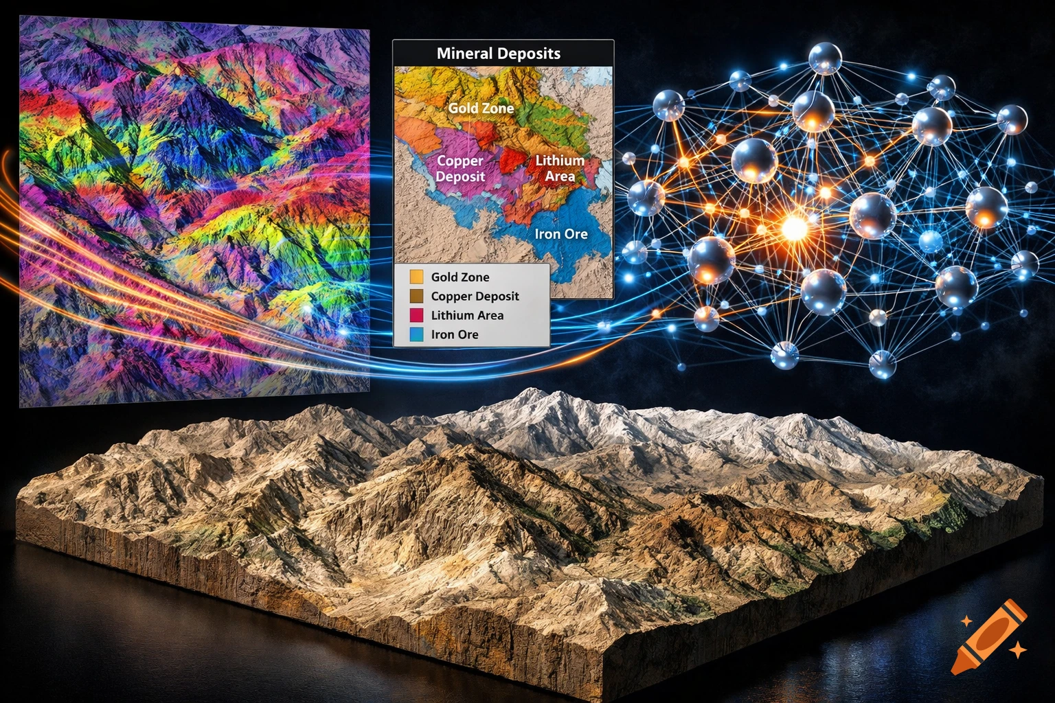 Scientific illustration of a 3D topographical map with a colorful hyperspectral image, a neural network, and a geological map showing mineral deposits.