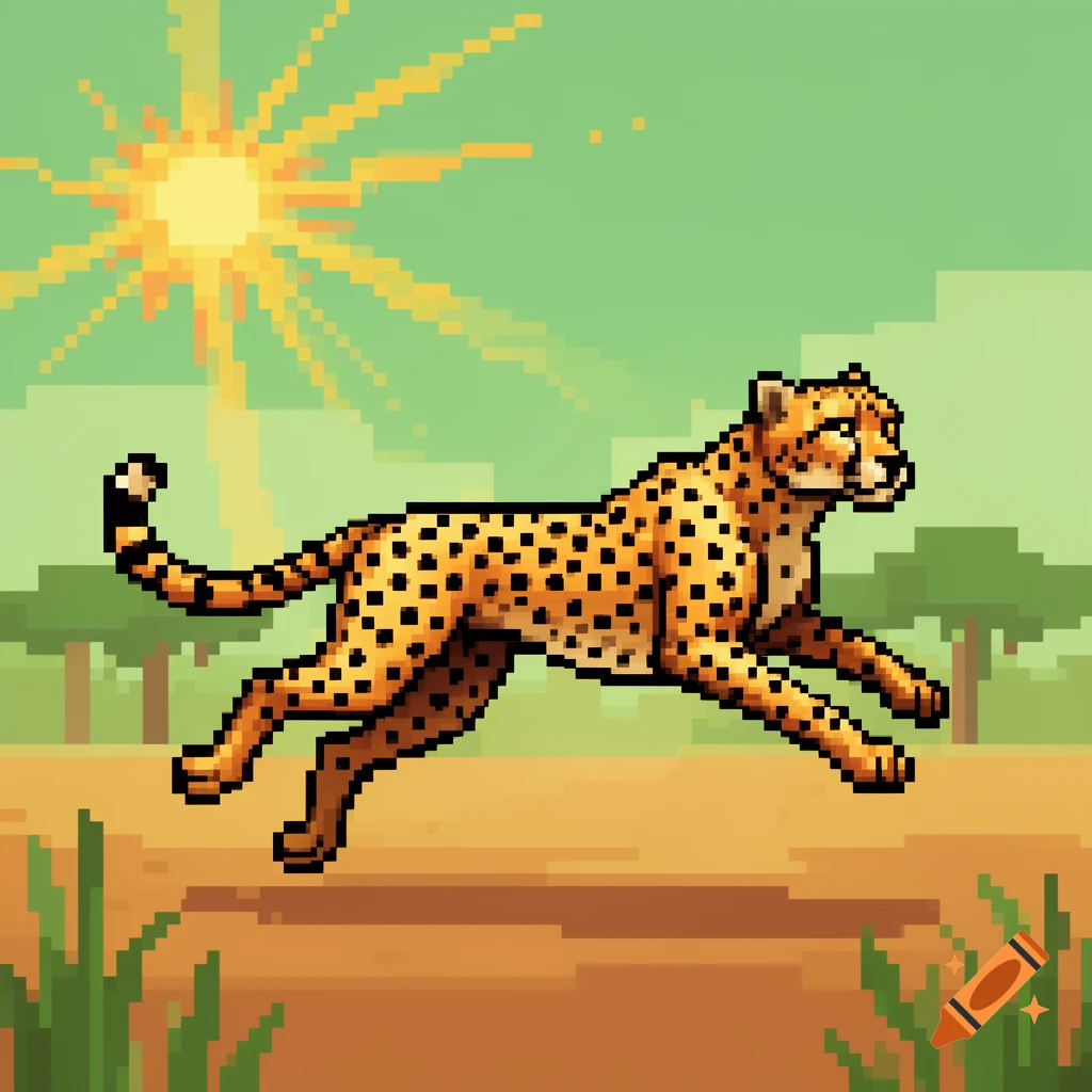 A vibrant pixel art cheetah runs through a savanna landscape under a bright sun.