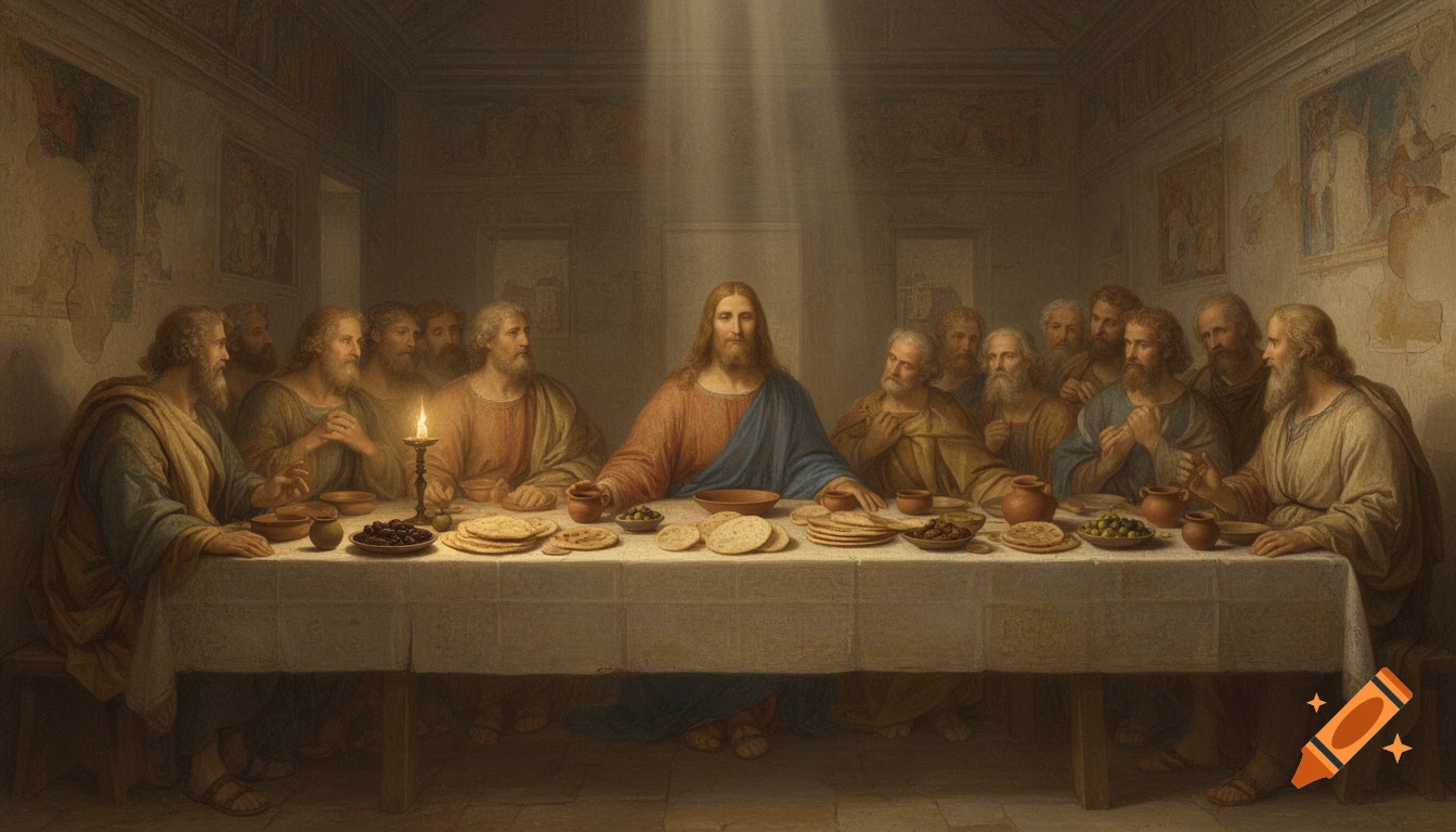 Jesus and his twelve disciples share a meal at a long table in a dimly lit room, depicted in a classical painting style.