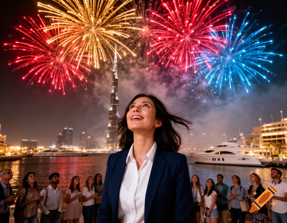 A woman looks up at vibrant fireworks illuminating the Dubai skyline at night, with the Burj Khalifa and a yacht, surrounded by a crowd.