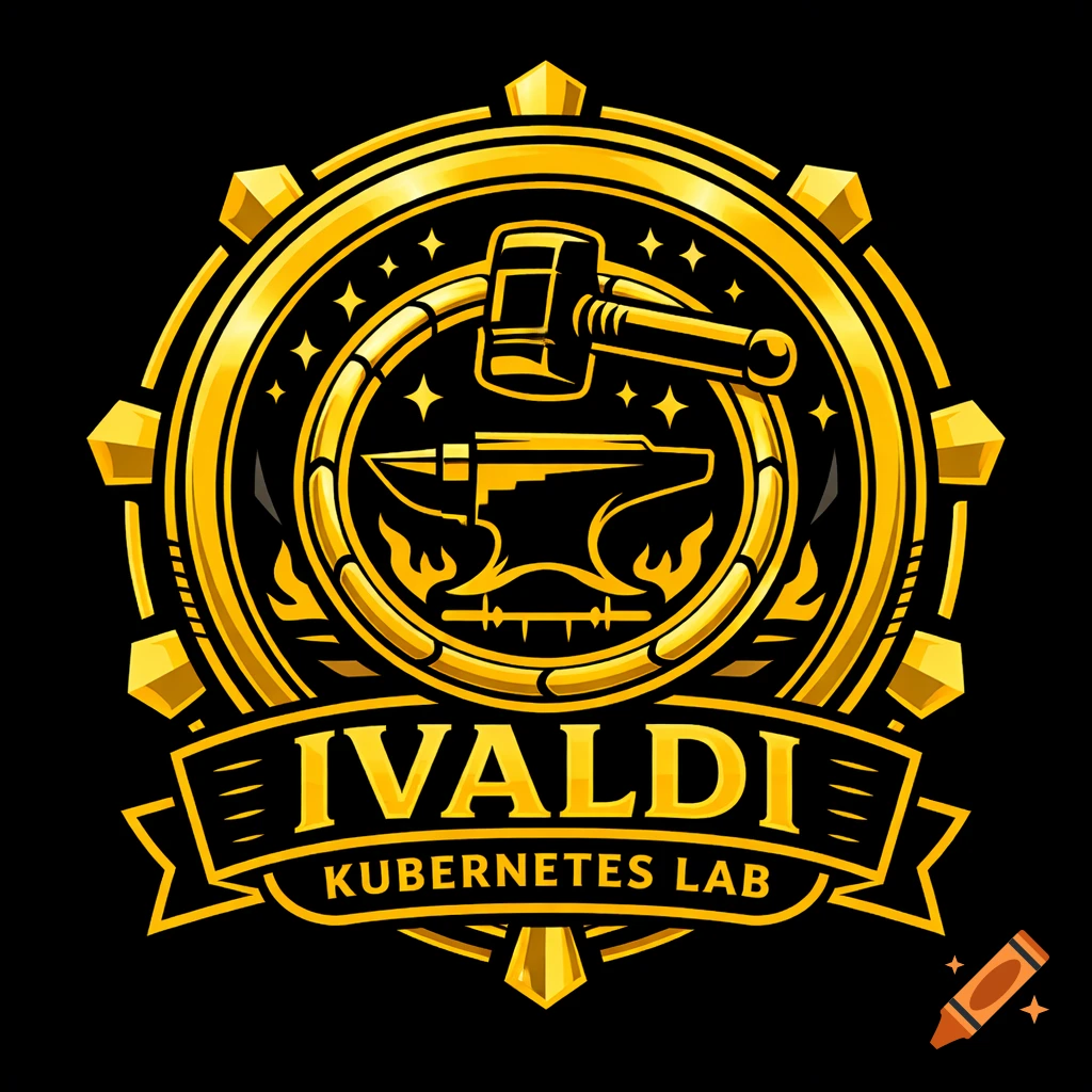 A golden, circular heraldic logo with an anvil, hammer, ring, and "IVALDI KUBERNETES LAB" text.