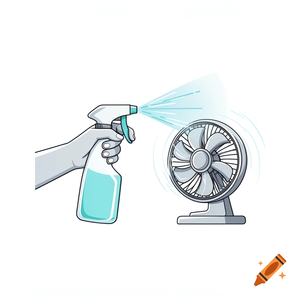 A hand holding a spray bottle sprays water mist towards a rotating household fan, in a clean vector illustration style.