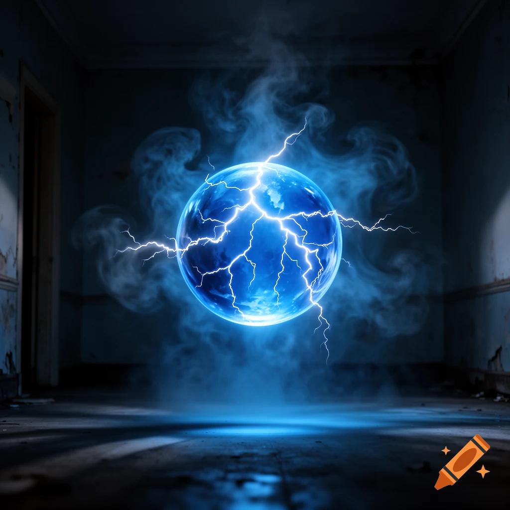A glowing blue orb crackles with lightning, emitting light and smoke in a dark, abandoned room.