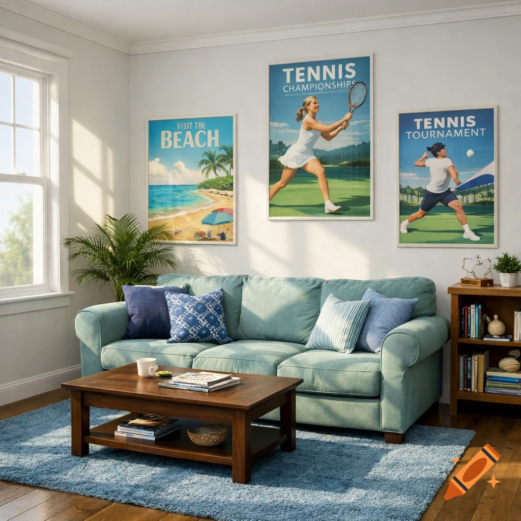 A cozy, sunlit living room with a light blue sofa, a dark wooden coffee table on a shag rug, and three framed posters on the wall depicting a beach and tennis players.