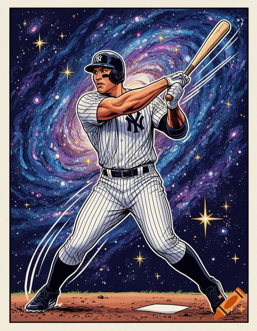A comic illustration of a New York Yankees baseball player, Aaron Judge, in a batting stance against a swirling cosmic background filled with stars.