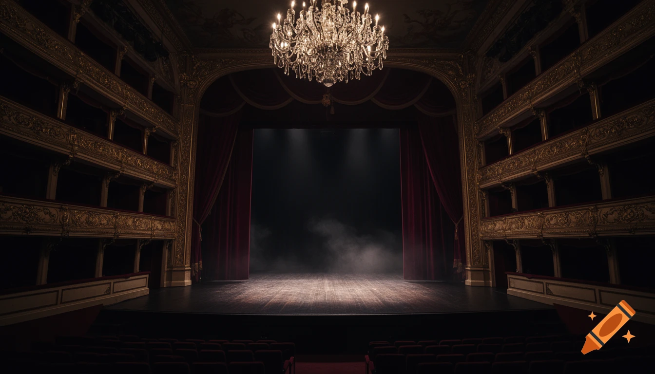 Photorealistic interior of a grand opera house with ornate gold balconies, velvet curtains, a stage with atmospheric fog, and a large chandelier.