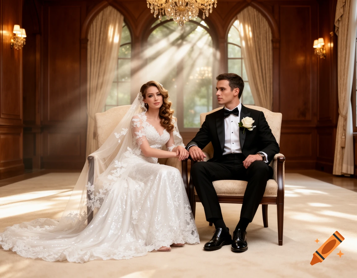 A photorealistic image of a bride and groom seated in elegant chairs in a luxurious, wood-paneled room with large windows.