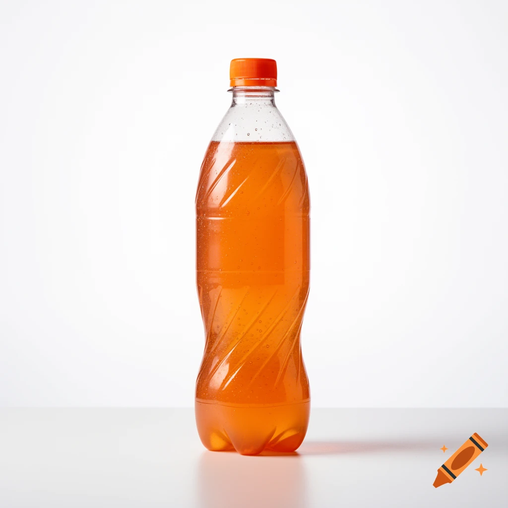 A clear plastic bottle with an orange screw cap filled with orange soda, standing on a white surface against a white background.